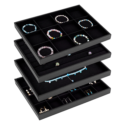 4шт. 4 стили: деревянные подносы для демонстрации ювелирных изделий, покрытые искусственной кожей, для сережек, колец, браслетов и ожерелий, прямоугольные