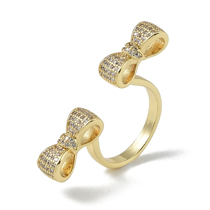 Rack Plating Brass Micro Pave Cubic Zirconia Bowknot Open Cuff Rings for Women, Long-Lasting Plated, Cadmium Free & Lead Free