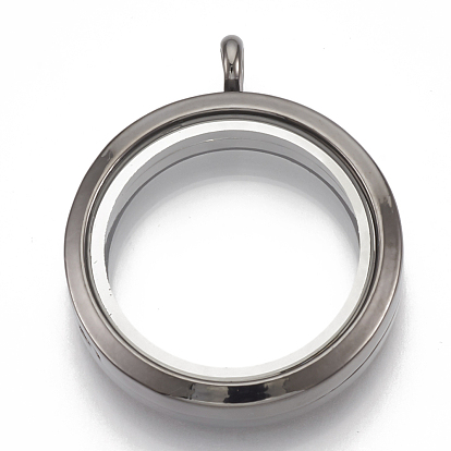 Alloy Magnetic Locket Pendants, with Glass, Flat Round