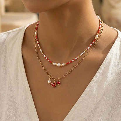 Подвеска в виде красного сердца из латуни с эмалью, двухслойное ожерелье., 304 Цепочка из нержавеющей стали в виде скрепки и ожерелье из жемчуга фук и стеклянных бусин