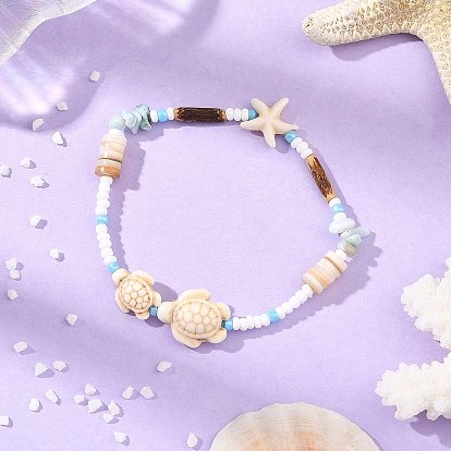 Pulseras elásticas con cuentas de turquesa sintética y semillas, con diseño de tortugas marinas y estrellas de mar, para mujer., con cuentas de larimar natural y coco