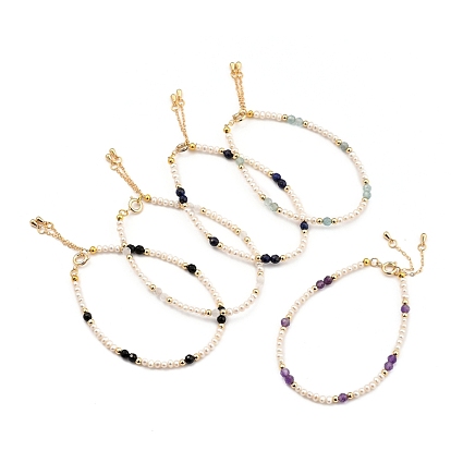 Beaded Bracelets, with Natural Pearl Beads, Natural Gemstone Beads, Brass Beads & Spring Ring Clasps, Golden