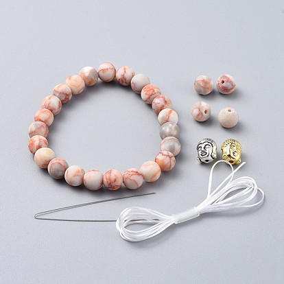 Bracelets élastiques, avec des perles de pierres fines, perles en alliage de tête de bouddha et fil de fibre élastique