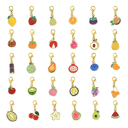 30шт 30 стили сплав эмаль фрукты подвеска украшения, с карабин-лобстерами , золотые