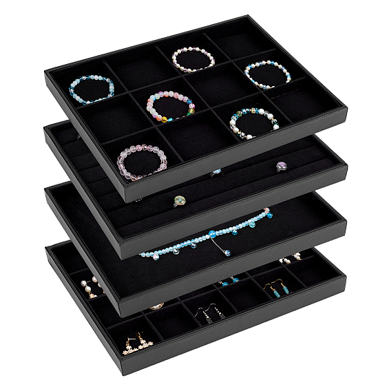 4шт. 4 стили: деревянные подносы для демонстрации ювелирных изделий, покрытые искусственной кожей, для сережек, колец, браслетов и ожерелий, прямоугольные