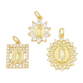 Brass Micro Pave Clear Cubic Zirconia Pendants, Virgin Mary Charms, Cadmium Free & Lead Free, Rack Plating, Long-Lasting Plated