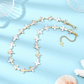 Collares de cuentas con cruz religiosa de conchas de agua dulce naturales estilo banco de tiro para mujer, blanco