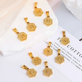 Titanium Steel Pendants, Real 18K Gold Plated, Long-Lasting Plated, Hexagon with Letter Charm