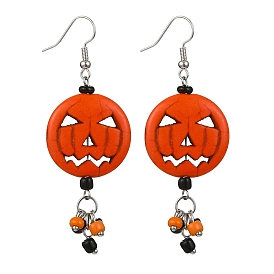 Halloween Pumpkin Alloy Resin Pendants Dangle Earrings, with Glass Seed Beads