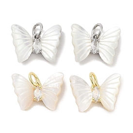 Brass Micro Pave Cubic Zirconia Pendants, with Shell and Jump Ring, Butterfly