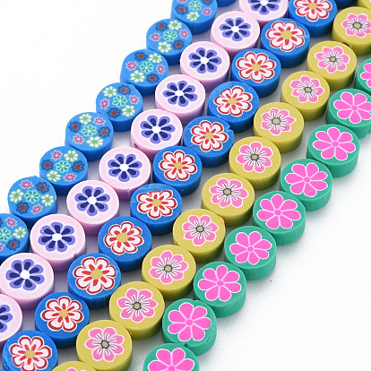 Handmade Polymer Clay Bead Strands, Flat Round with Flower