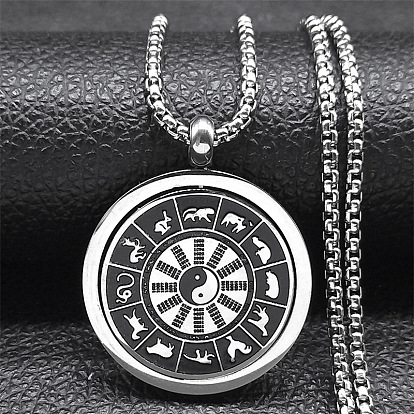 201 ожерелья нержавеющей стали, с вращающимися эмалевыми подвесками, плоские круглые с инь-янь