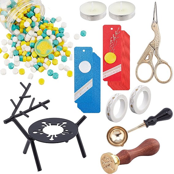 CRASPIRE DIY Scrapbook Making Kits, Including Iron Wax Furnace, Brass Spoon, Sealing Wax Particles, Blank Kraft Paper Card, Stainless Steel Scissors, Candle, Adhesive Tapes