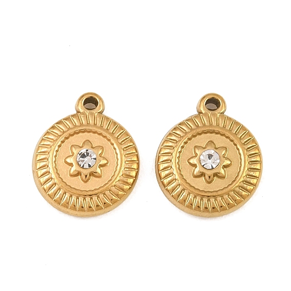 304 Edelstahl Reize, mit Strass-Kristall, Ionenbeschichtung (ip), flach rund mit Sonnenanhängern