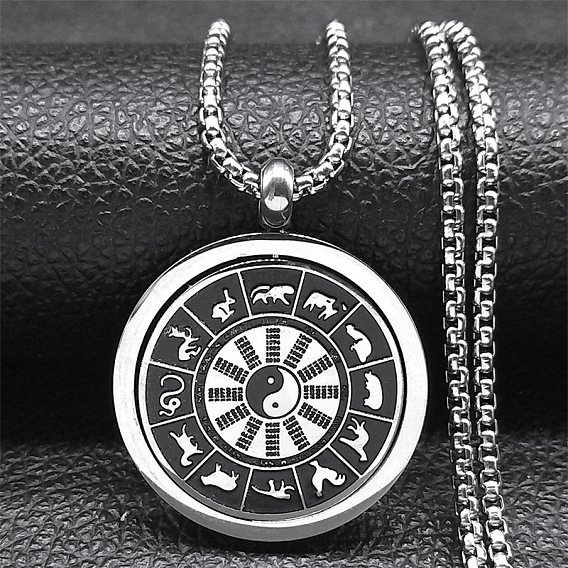 201 ожерелья нержавеющей стали, с вращающимися эмалевыми подвесками, плоские круглые с инь-янь