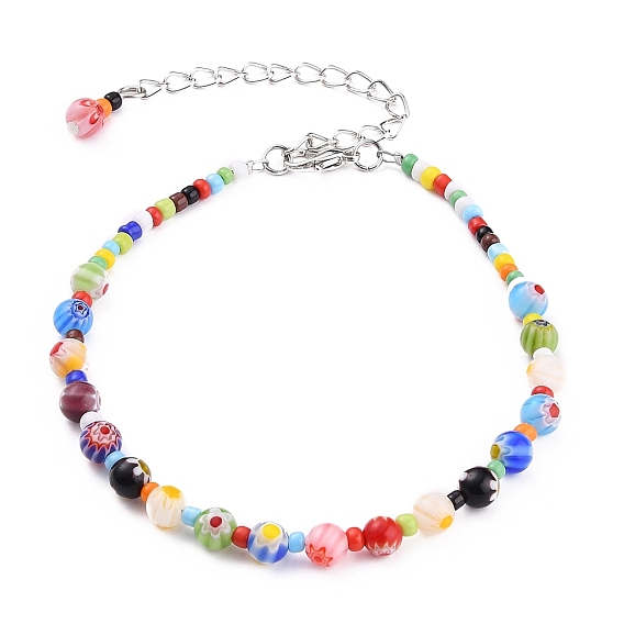 Ручной Millefiori бисер браслеты, со стеклянными бусинами и застежками-клешнями из цинкового сплава