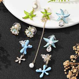 Латунь кубического циркония серьги стержня, с имитацией жемчуга, серия океана, золотые