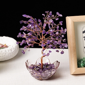 Natural Gemstone Chips Tree of Life Decorations, Glass Base with Copper Wire, Feng Shui Energy Stone Gift for Home Office Desktop Decoration