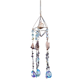 Metal Pyramid Hanging Ornaments, Natural Amethyst Chip & Glass Teardrop Tassel Suncatchers for Home Garden Outdoor Decoration