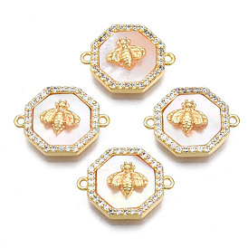  Brass Micro Pave Clear Cubic Zirconia Connector Charms, with Shell, Cadmium Free & Nickel Free & Lead Free, Polygon with Bee