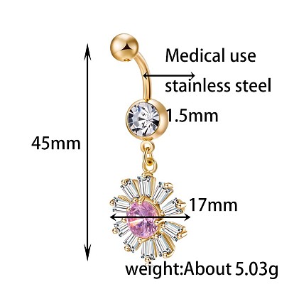 Brass Cubic Zirconia Navel Ring, Belly Rings, with 304 Stainless Steel Bar, Cadmium Free & Lead Free, Daisy