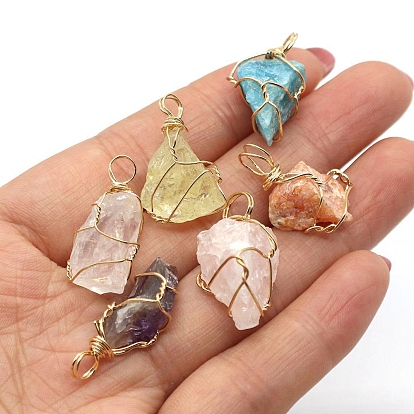 Raw Rough Natural Gemstone Pendants, Nuggets Charms with Golden Plated Copper Wire Wrapped