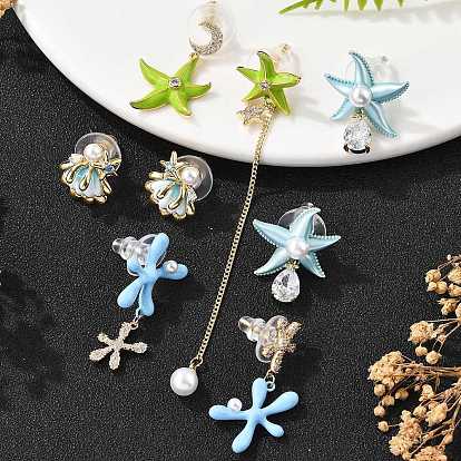 Латунь кубического циркония серьги стержня, с имитацией жемчуга, серия океана, золотые