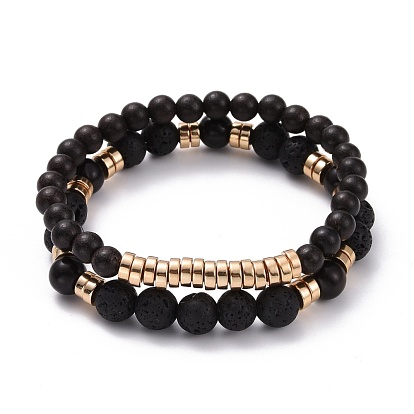 Essential Oil Diffuser Bracelets Sets for Men Women, Natural Wood & Non-Magnetic Synthetic Hematite & Natural Lava Rock Beads Bracelets, Light Gold