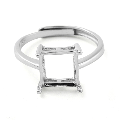 Square Adjustable 925 Sterling Silver Ring Components, 4 Claw Prong Ring Settings