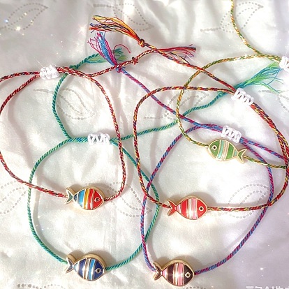 Ocean Alloy Enamel Fish Beads Adjustable Braided Cotton Cord Bracelets for Women, Golden