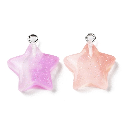 Gradient Color Transparent Resin Pendants, Glitter Star Charms with Platinum Plated Iron Loops