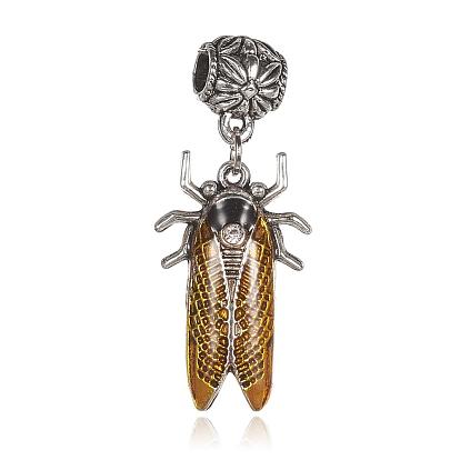 Alloy Enamel European Dangle Pendants, with Alloy Scarf Bail Bead Tube Bails, Cicada, Antique Silver