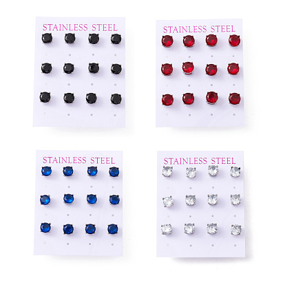 6 Pairs Cubic Zirconia Flat Round Stud Earrings, 304 Stainless Steel Jewelry for Women