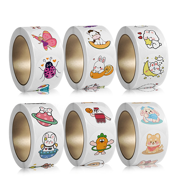 Paper Self-Adhesive Animal Sticker Rolls, Round Dot Cartoon Decals for Kid's Art Craft