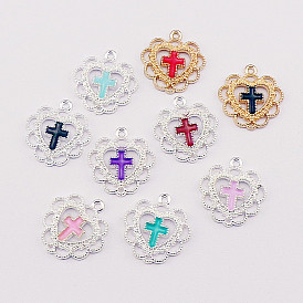 Alloy Enamel Pendants, Heart with Cross
