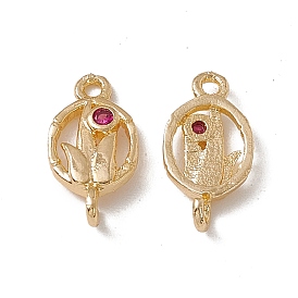 Brass Connector Charms, with Cerise Glass, Oval Links with Leaf