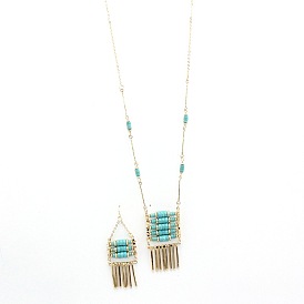 Turquoise Beaded Long Necklace and Earrings Set in European Style