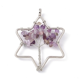 Star Natural Amethyst Copper Wire Wrapped Chip Big Pendants, Tree of Life Charm, with Platinum Tone Iron Findings