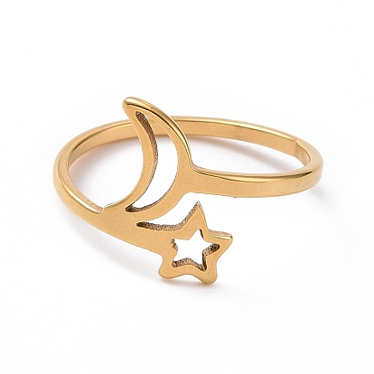 201 Stainless Steel Moon & Star Finger Ring, Hollow Wide Ring for Women