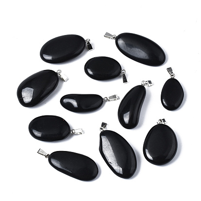 Natural Black Stone Pendants, with Platinum Tone Brass Bails, Nuggets