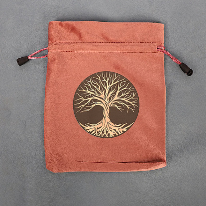 Rectangle Velvet Jewelry Storage Pouches, Tree of Life Printed Drawstring Bags
