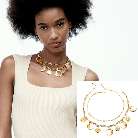 Metallic Moon Pendant Multi-layered Necklace for Women - Fashionable Statement Jewelry