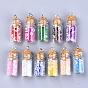 Glass Wishing Bottle Pendant Decorations, with Resin Rhinestone and Glass Micro Beads inside, Cork Stopper and Platinum Iron Screw Eye Pin Peg Bails