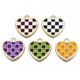 Rack Plating Alloy Checkerboard Pendants, with Enamel, Cadmium Free & Lead Free, Light Gold, Heart with Grid Pattern