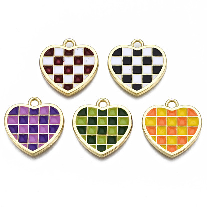 Pendentifs en damier en alliage de placage de crémaillère, avec l'émail, sans cadmium et sans plomb, or et de lumière, coeur avec motif de grille