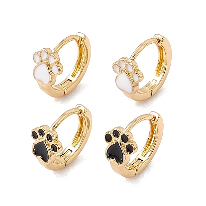 Enamel Bear Paw Print Hoop Earrings, Golden Brass Jewelry for Women