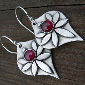Ethnic style alloy leaf lotus earrings female retro creative red agate earrings