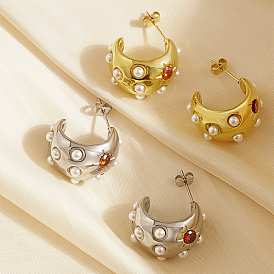 304 Stainless Steel Micro Pave Cubic Zirconia Stud Earrings, Half Hoop Earrings with Imitation Pearl Beads
