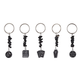 Book/Coffin/Pentagram Alloy Enamel Pendant Keychains, Natural Obsidian Chip Beaded Keychains, with Iron Keychain Ring