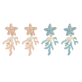 Серьги-гвоздики с эмалью в виде коралла и морской звезды, серьги спереди и сзади, золотые